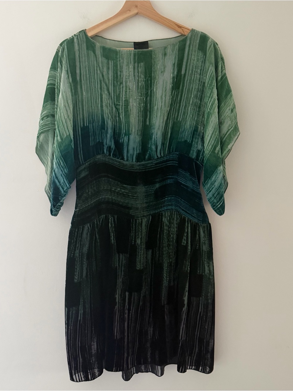 Anna Sui Burnout Velvet Dress Y2K Silk Blend Green Kimono Sleeve Size 6 Designer